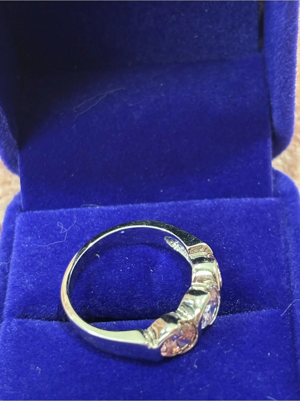 Three-Stone Pink and lavender Cubic Zirconia Ring in Silver